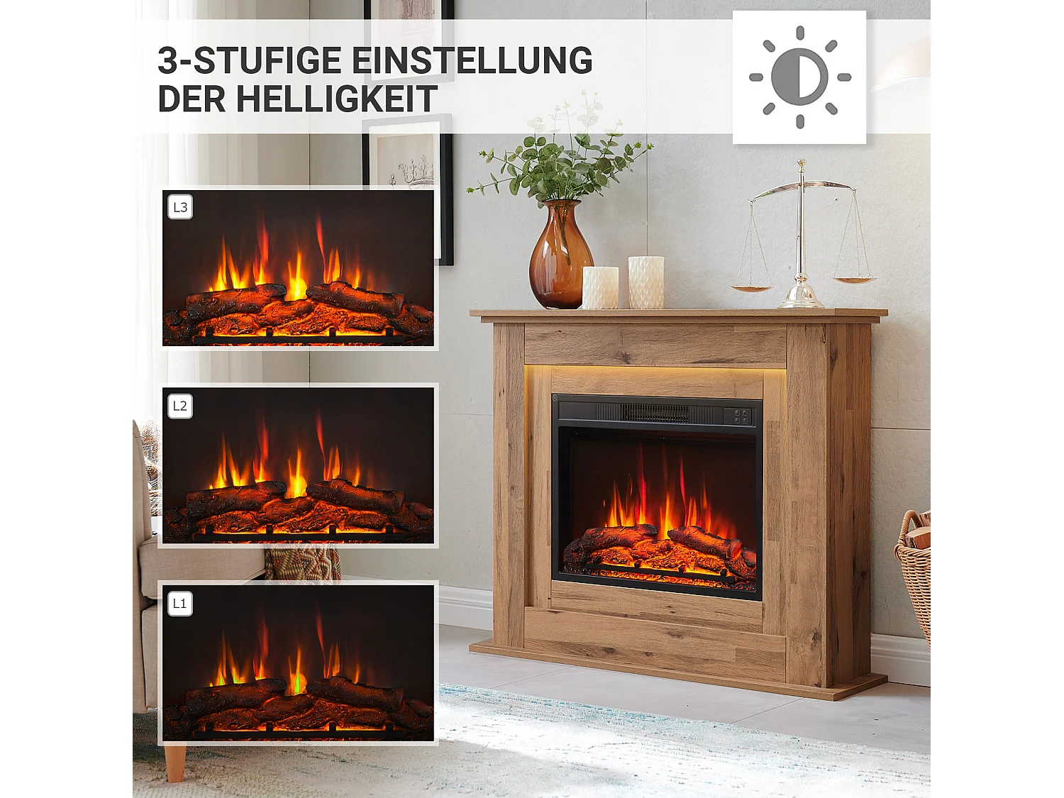 Cheminée électrique BALDERIA Finn - Cheminée sur pied, chauffage 2000 W - Chêne foncé