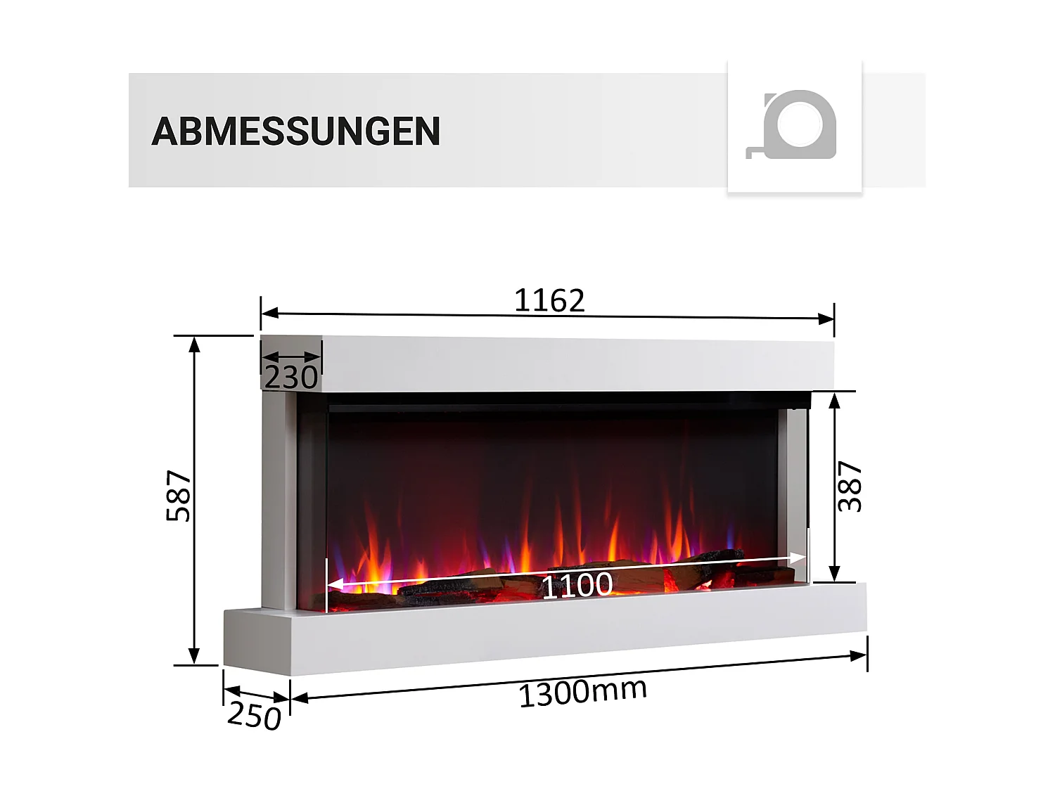 Cheminée électrique BALDERIA Achilles (L) - Cheminée murale avec chauffage - Blanc