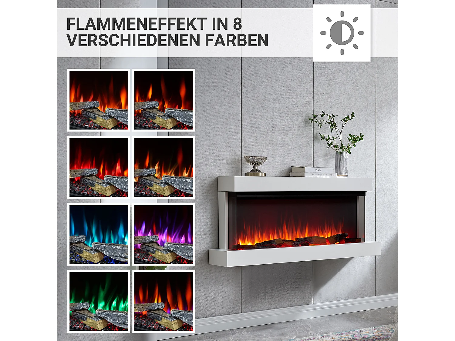 Cheminée électrique BALDERIA Achilles (L) - Cheminée murale avec chauffage - Blanc