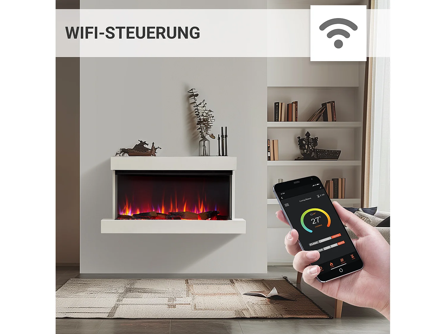 Cheminée électrique BALDERIA Achilles (L) - Cheminée murale avec chauffage - Blanc