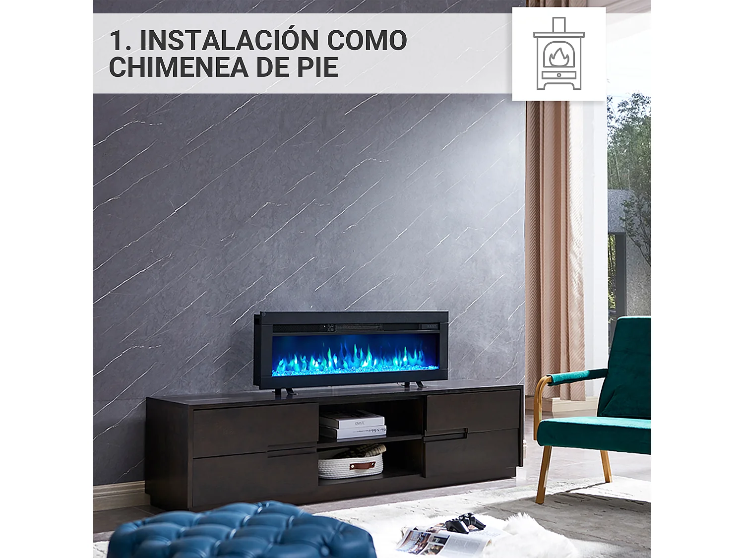 Cheminée électrique BALDERIA Agnes 40 - Cheminée sur pied, murale ou encastrable - Noir