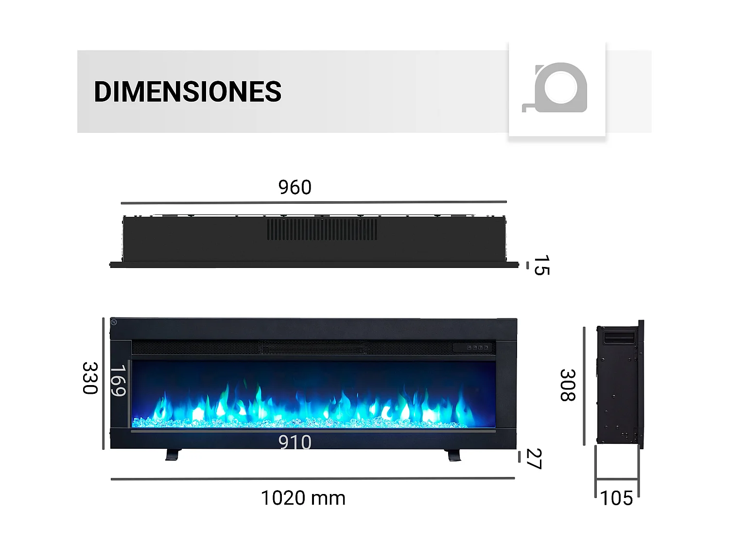 Cheminée électrique BALDERIA Agnes 40 - Cheminée sur pied, murale ou encastrable - Noir