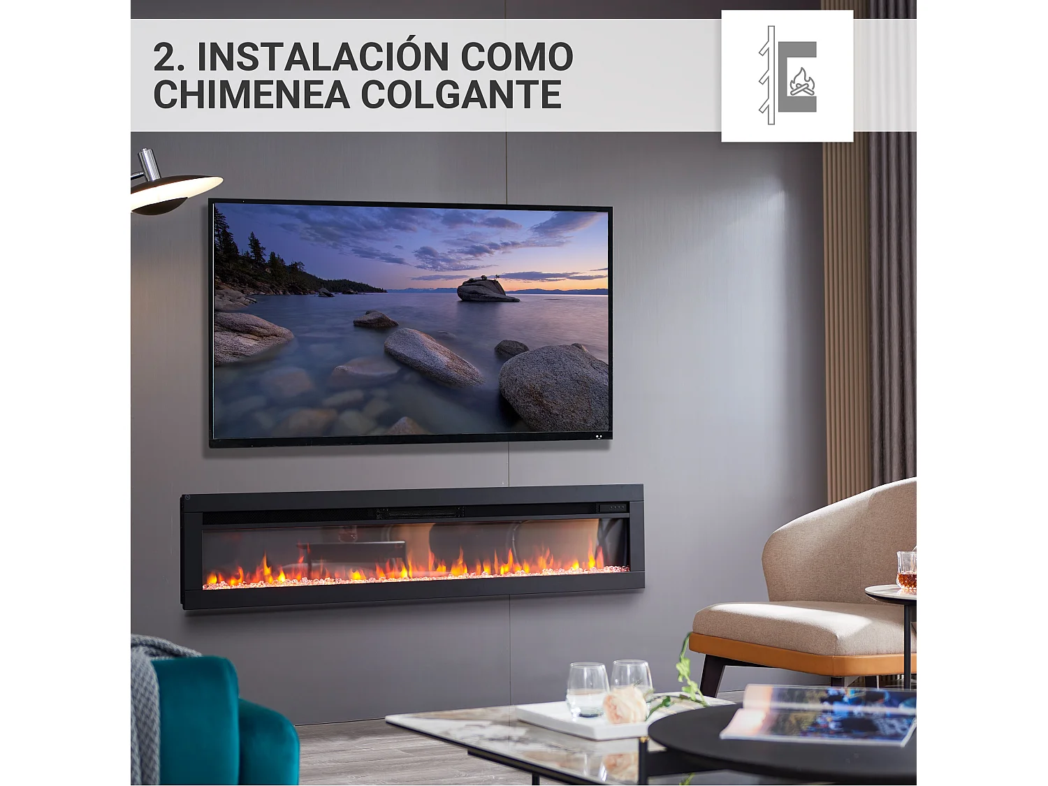 Cheminée électrique BALDERIA Agnes 60 - Cheminée murale ou encastrable - Noir