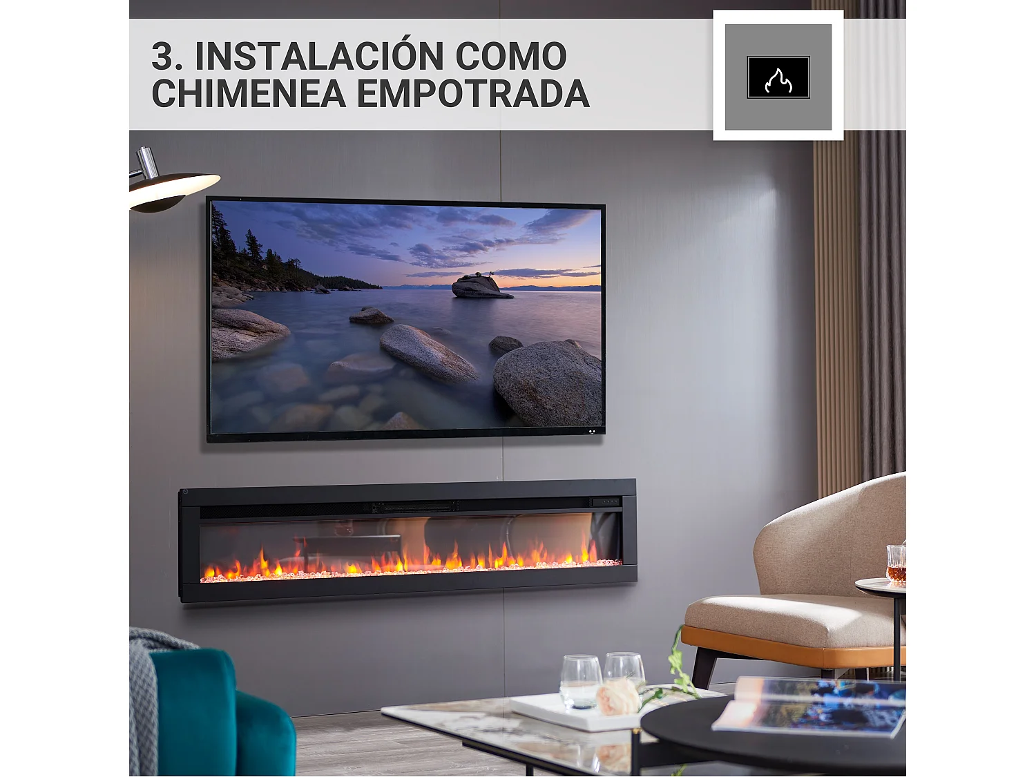 Cheminée électrique BALDERIA Agnes 60 - Cheminée murale ou encastrable - Noir