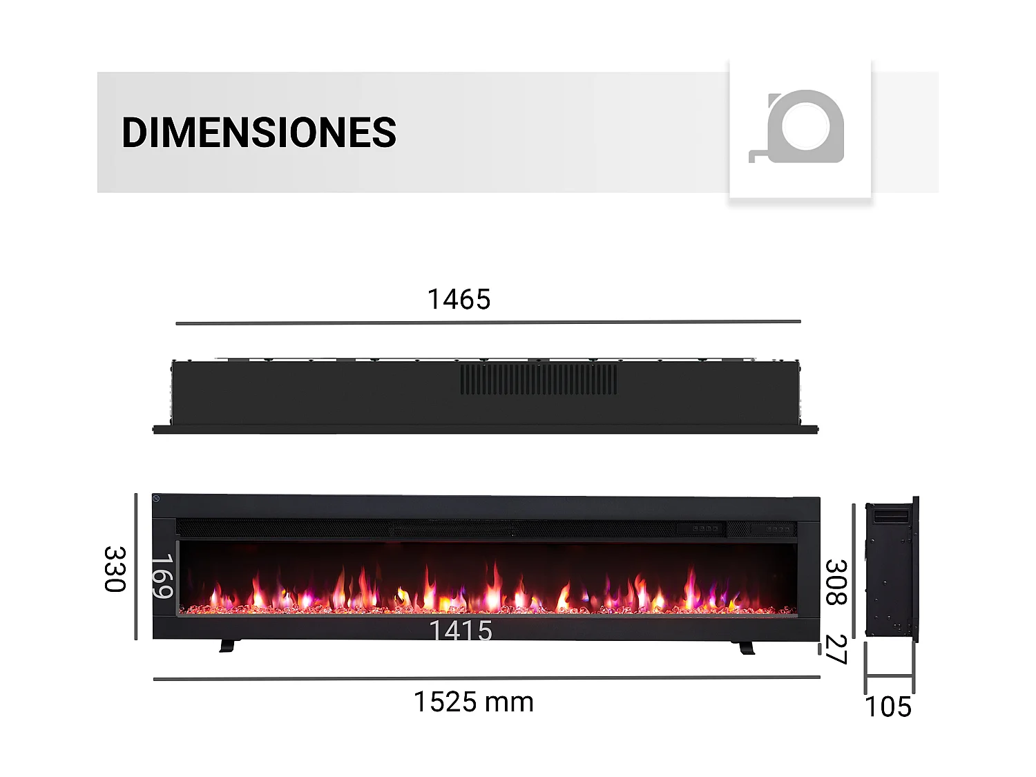 Cheminée électrique BALDERIA Agnes 60 - Cheminée murale ou encastrable - Noir
