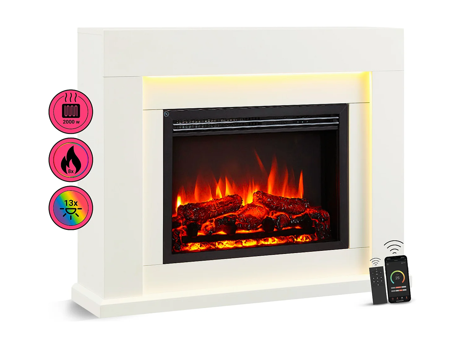 Cheminée électrique BALDERIA Elektra ñEffet flammes 3D, éclairage LED, puissance de chauffage 1ñ2 kW, télécommande - Blanc
