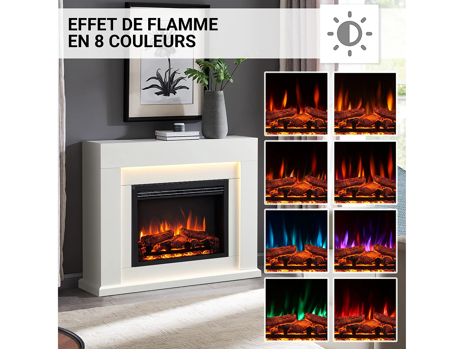 Cheminée électrique BALDERIA Elektra ñEffet flammes 3D, éclairage LED, puissance de chauffage 1ñ2 kW, télécommande - Blanc