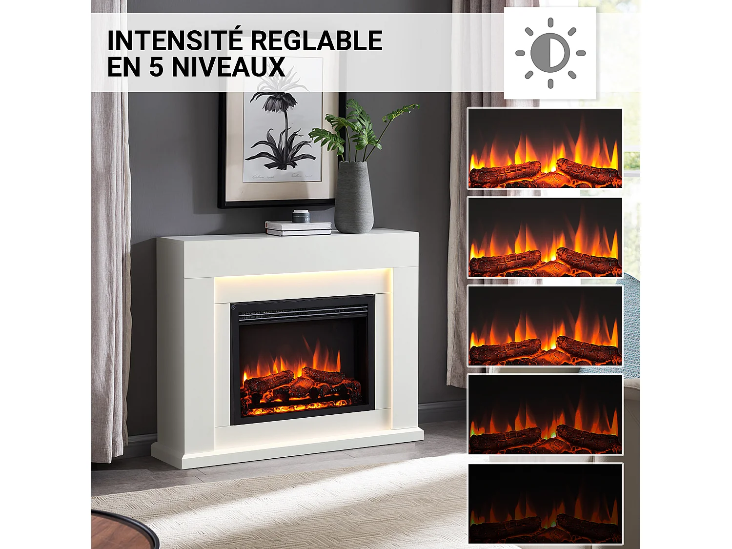 Cheminée électrique BALDERIA Elektra ñEffet flammes 3D, éclairage LED, puissance de chauffage 1ñ2 kW, télécommande - Blanc