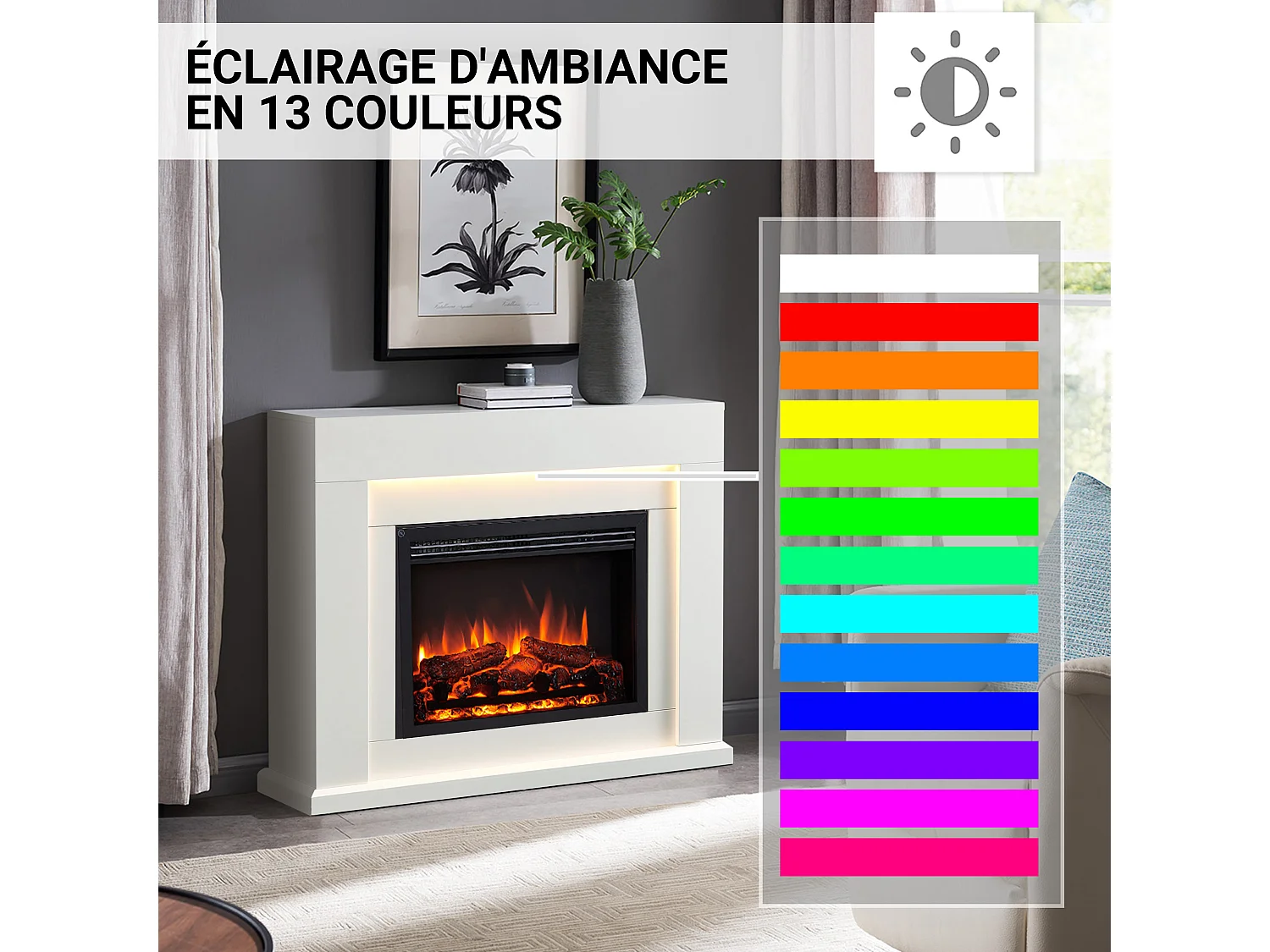 Cheminée électrique BALDERIA Elektra ñEffet flammes 3D, éclairage LED, puissance de chauffage 1ñ2 kW, télécommande - Blanc