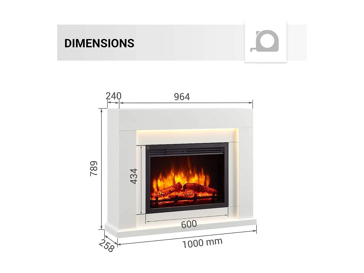 Cheminée électrique BALDERIA Elektra ñEffet flammes 3D, éclairage LED, puissance de chauffage 1ñ2 kW, télécommande - Blanc