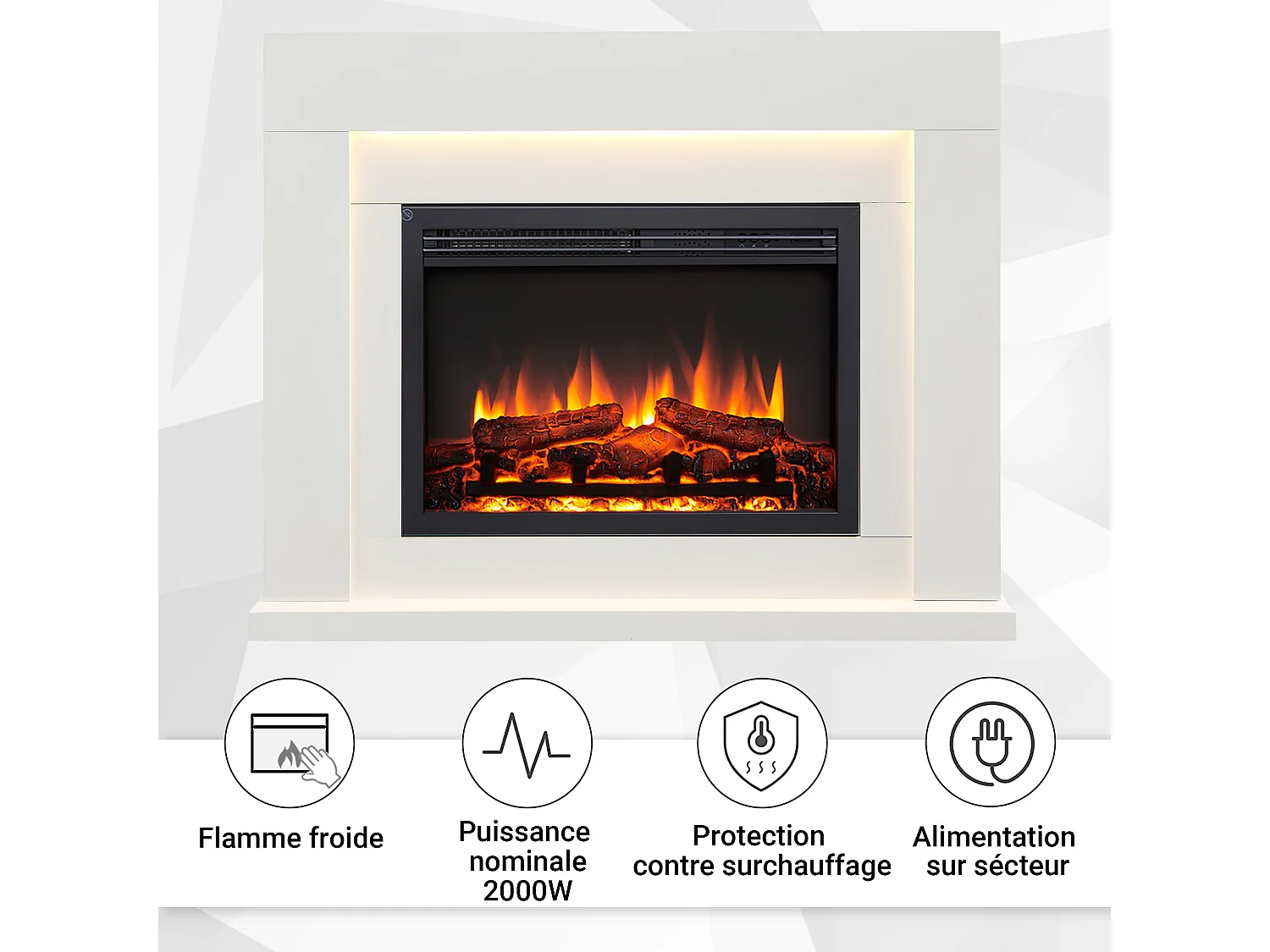 Cheminée électrique BALDERIA Elektra ñEffet flammes 3D, éclairage LED, puissance de chauffage 1ñ2 kW, télécommande - Blanc