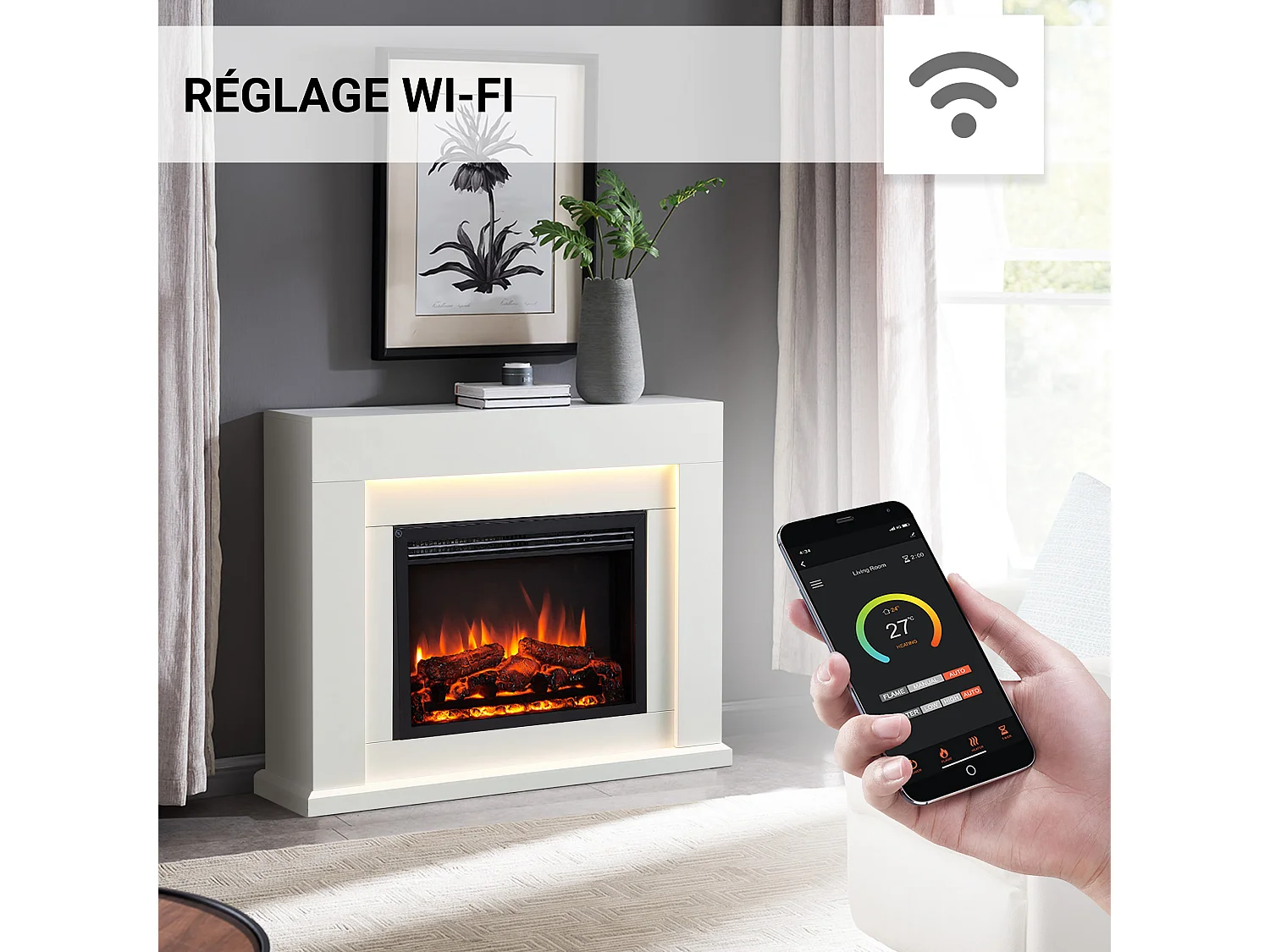 Cheminée électrique BALDERIA Elektra ñEffet flammes 3D, éclairage LED, puissance de chauffage 1ñ2 kW, télécommande - Blanc