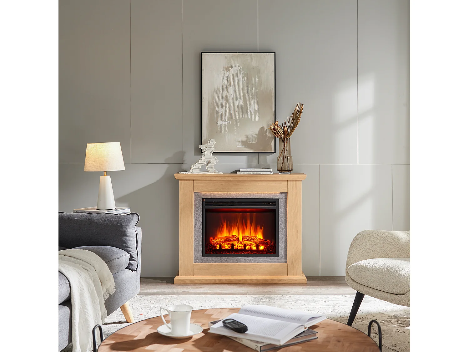 Cheminée électrique BALDERIA Charon - Cheminée sur pied, 2000 W -  Chêne clair