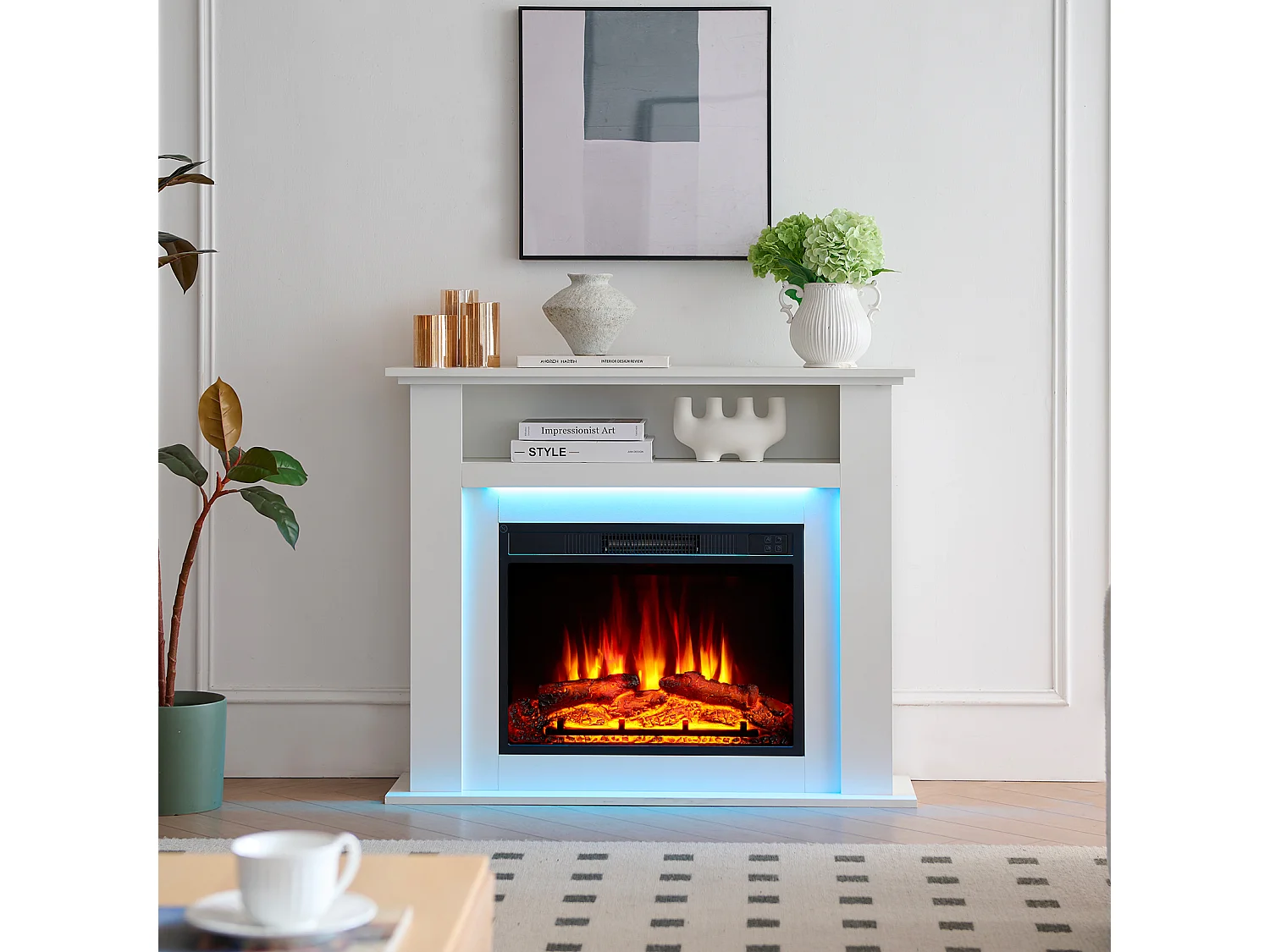 Cheminée électrique BALDERIA Liora - Cheminée sur pied, tablette, chauffage - blanc