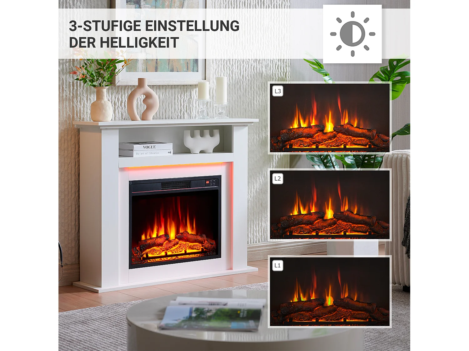 Cheminée électrique BALDERIA Liora - Cheminée sur pied, tablette, chauffage - blanc