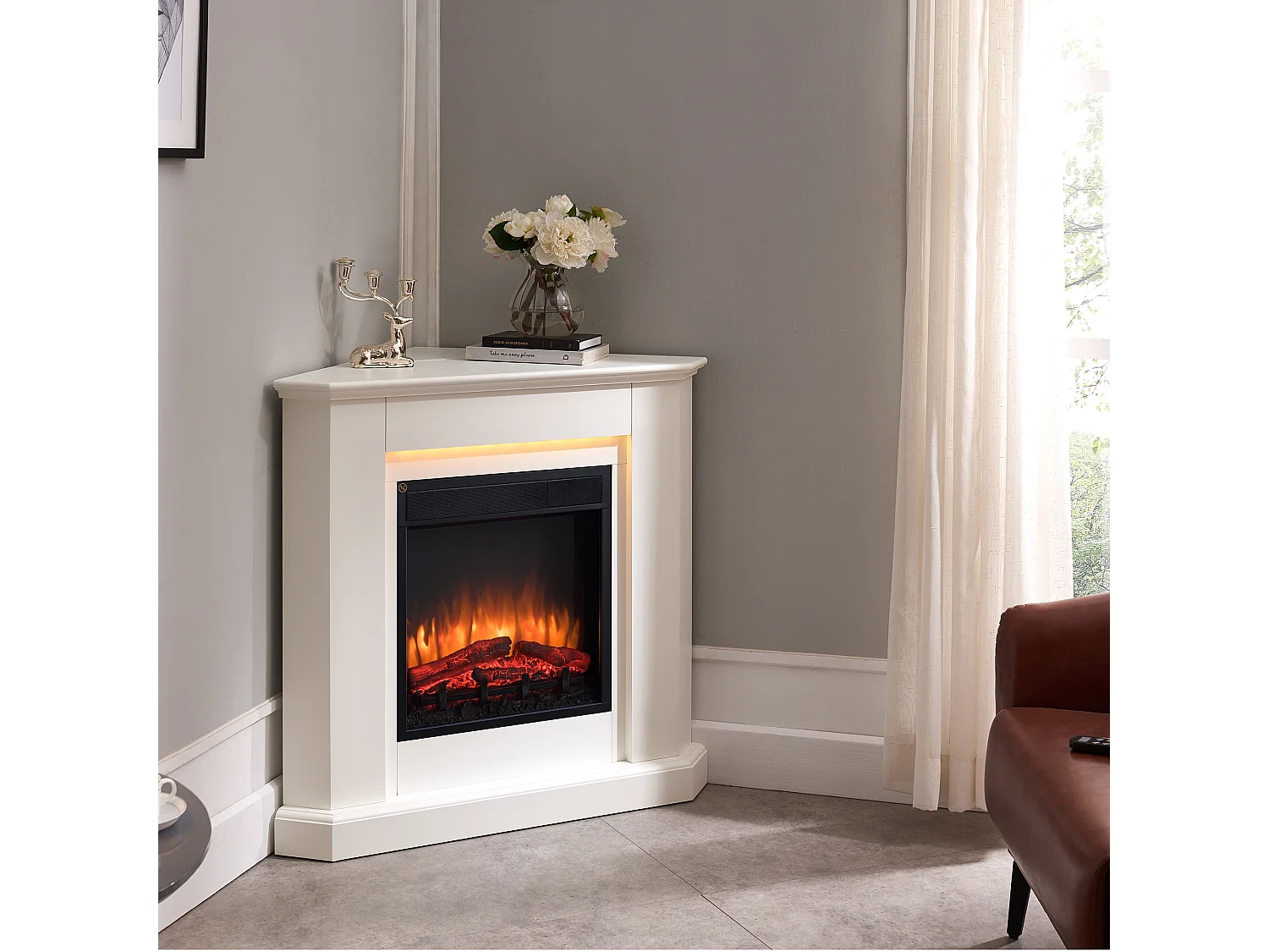 Cheminée électrique BALDERIA Candela - Cheminée d'angle, chauffage 2000 W - Blanc