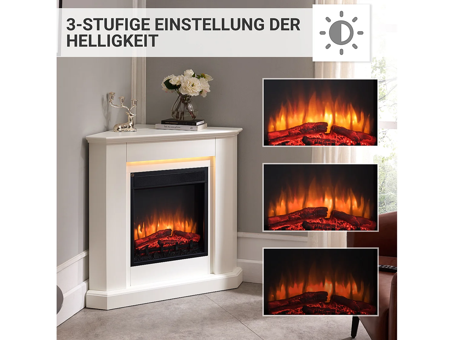 Cheminée électrique BALDERIA Candela - Cheminée d'angle, chauffage 2000 W - Blanc