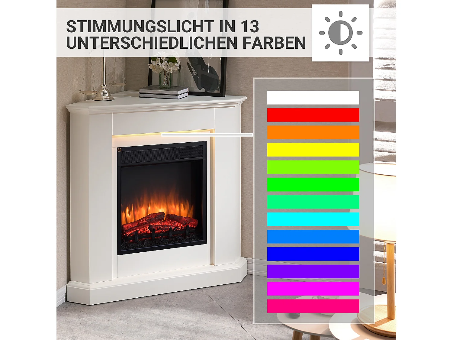 Cheminée électrique BALDERIA Candela - Cheminée d'angle, chauffage 2000 W - Blanc