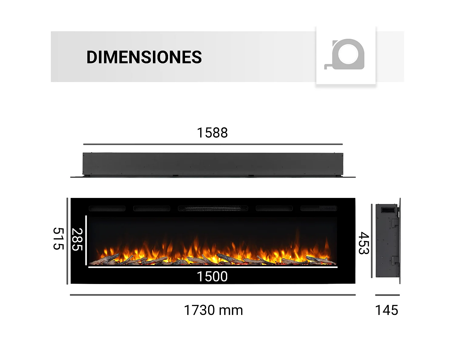 Cheminée électrique BALDERIA Fiamma 68 - Cheminée encastrable, chauffage 2000 W - Noir