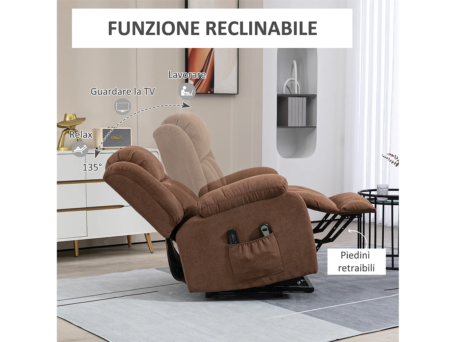 Poltrona alzapersona massaggiante e reclinabile in tessuto marrone