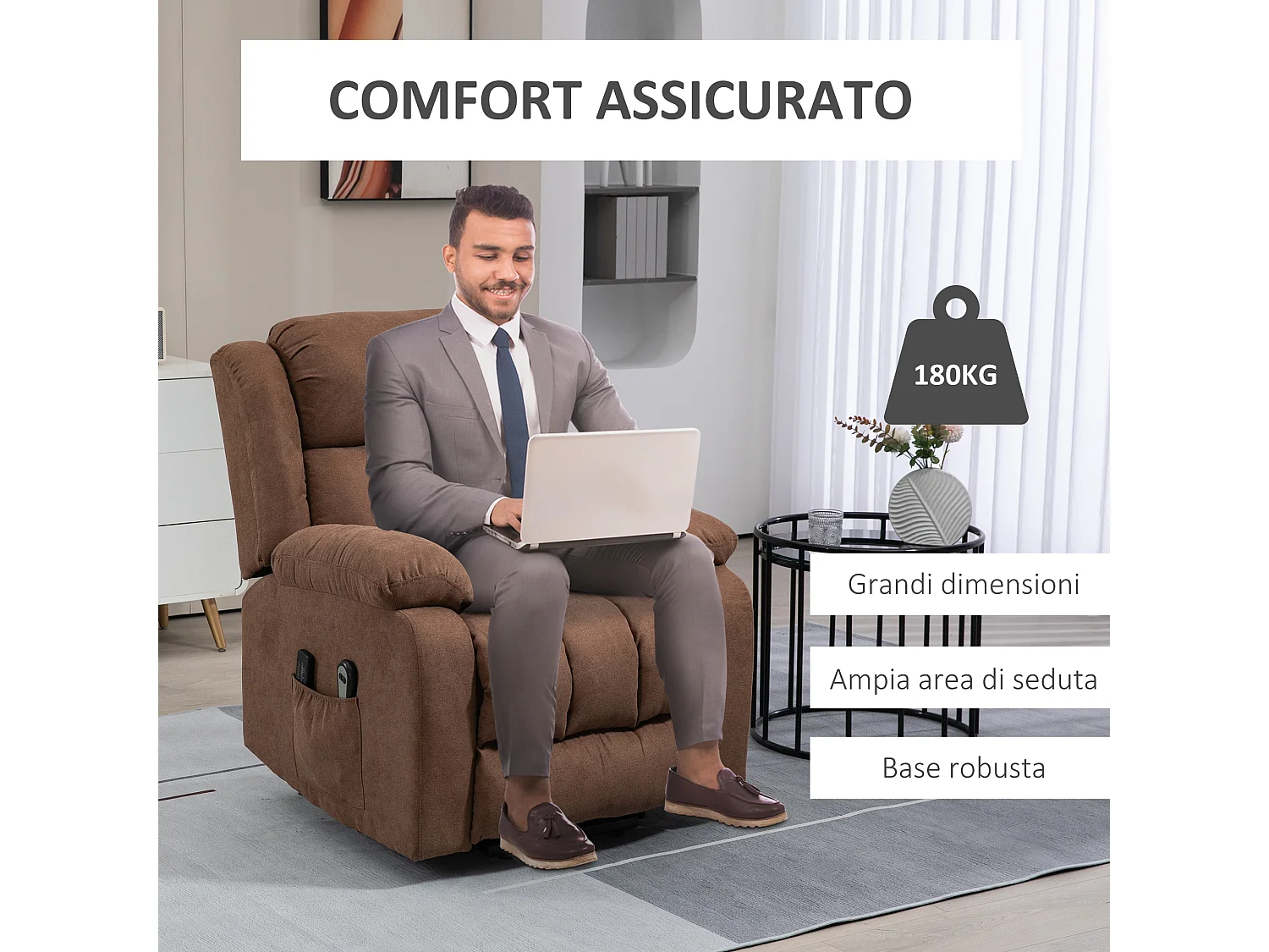 Poltrona alzapersona massaggiante e reclinabile in tessuto marrone