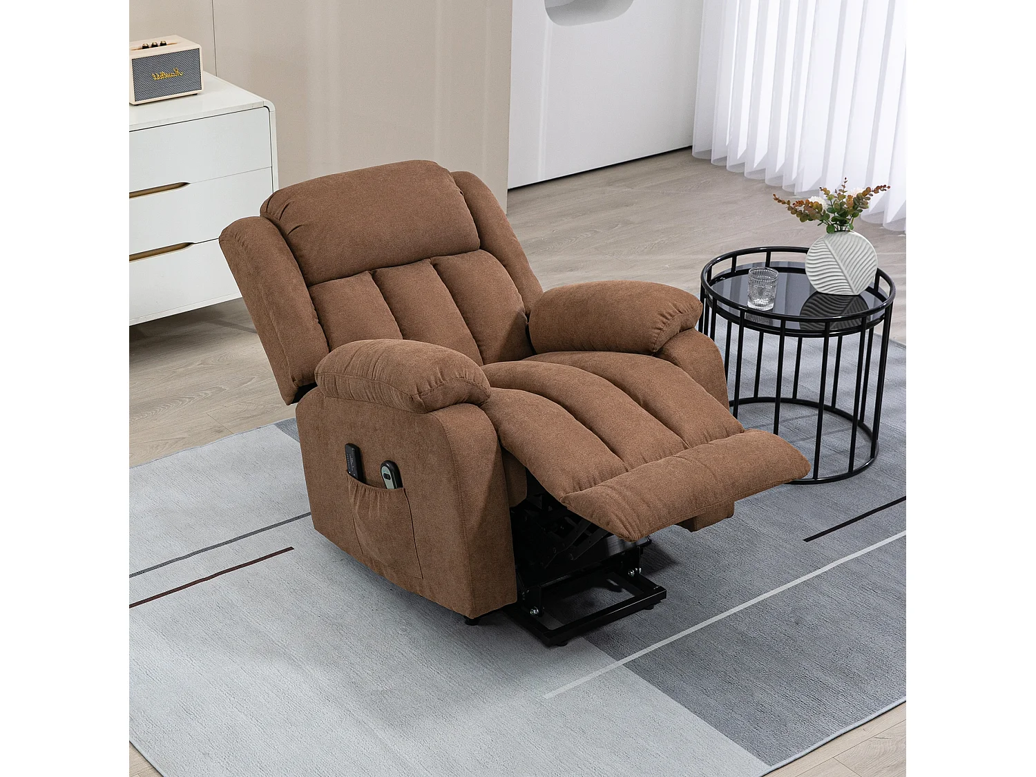 Poltrona alzapersona massaggiante e reclinabile in tessuto marrone