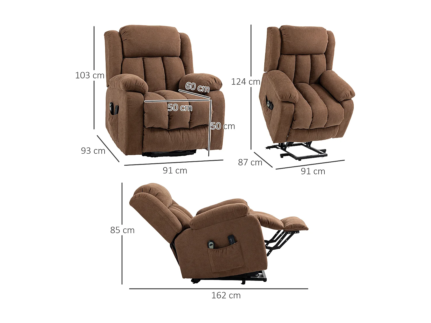 Poltrona alzapersona massaggiante e reclinabile in tessuto marrone