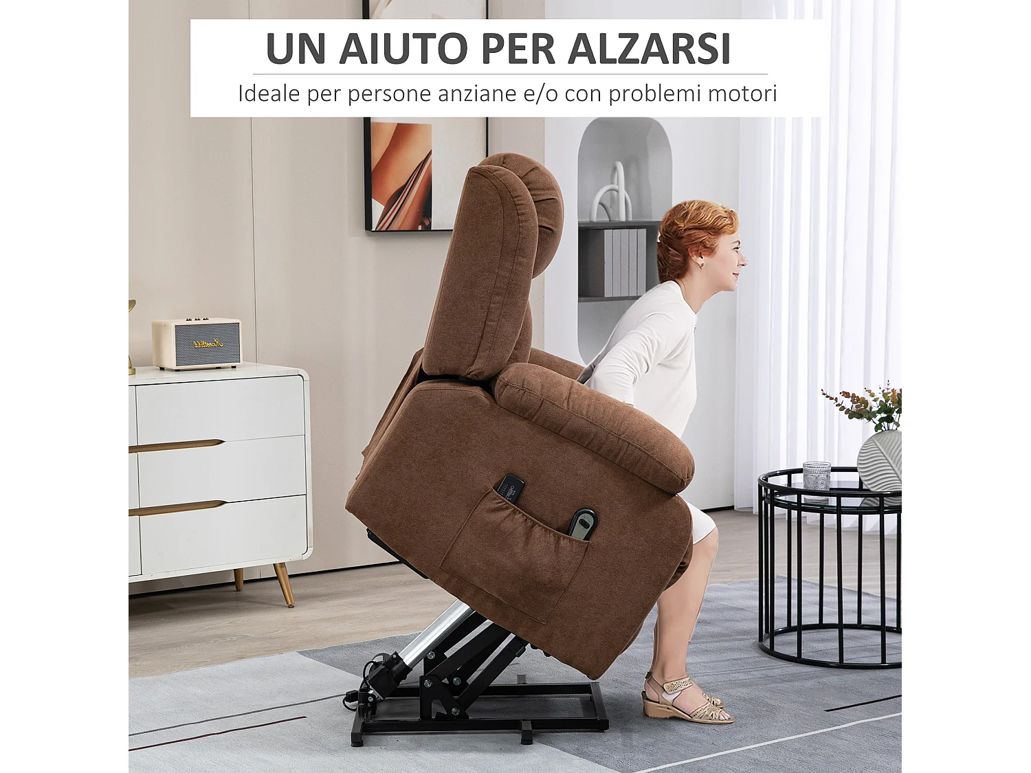 Poltrona alzapersona massaggiante e reclinabile in tessuto marrone