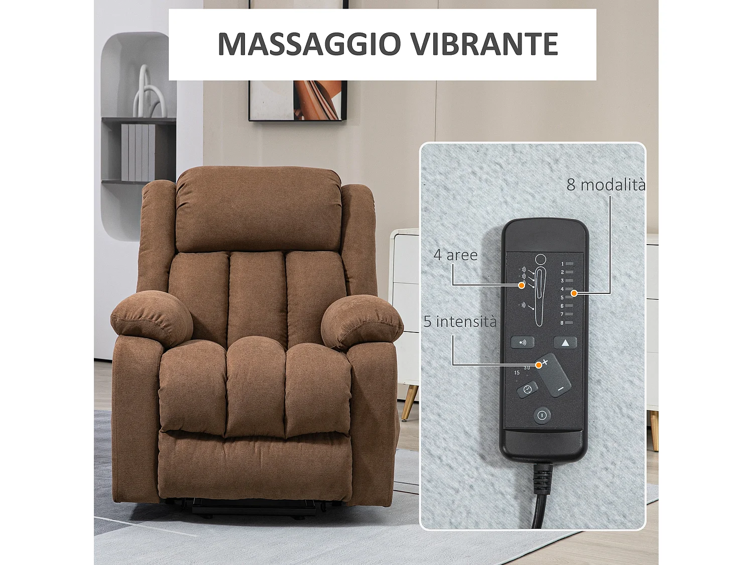 Poltrona alzapersona massaggiante e reclinabile in tessuto marrone