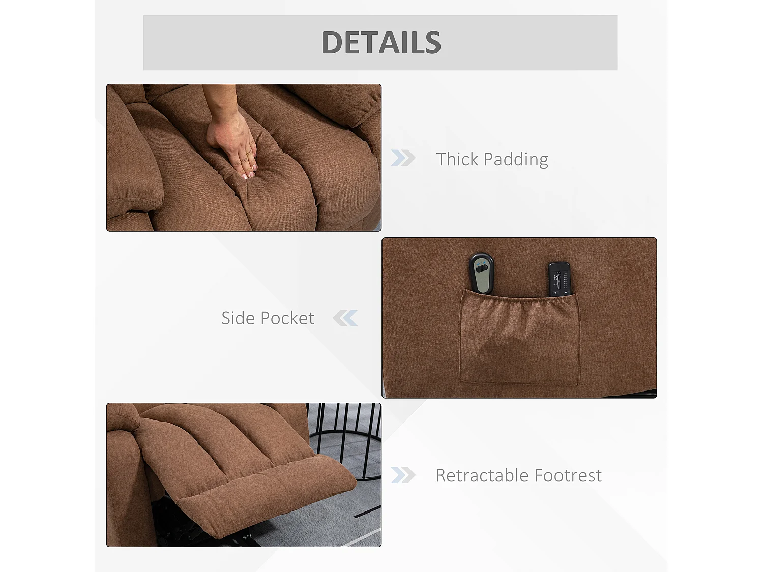 Poltrona alzapersona massaggiante e reclinabile in tessuto marrone