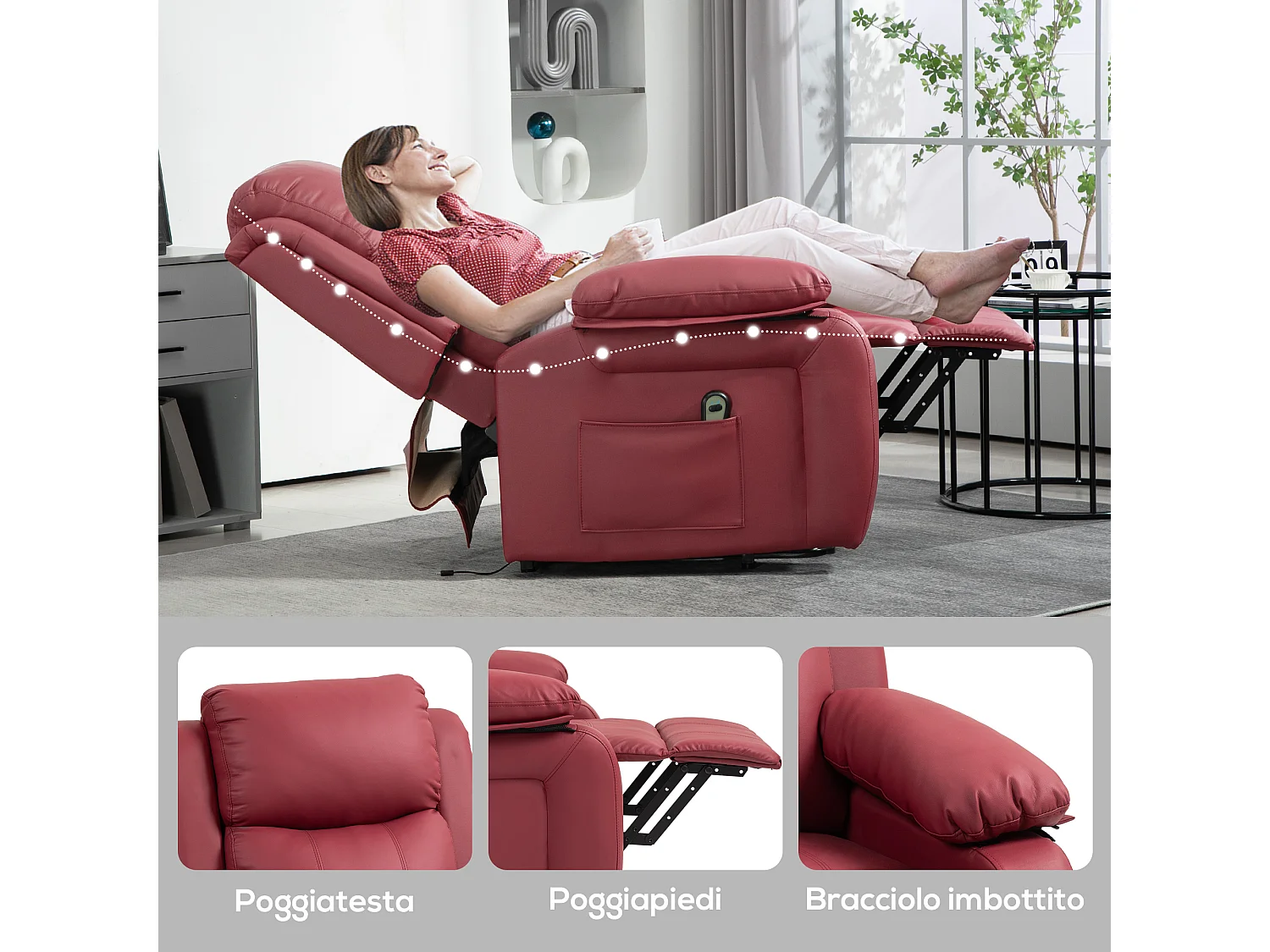 Poltrona alzapersona con poggiapiedi e telecomando rosso