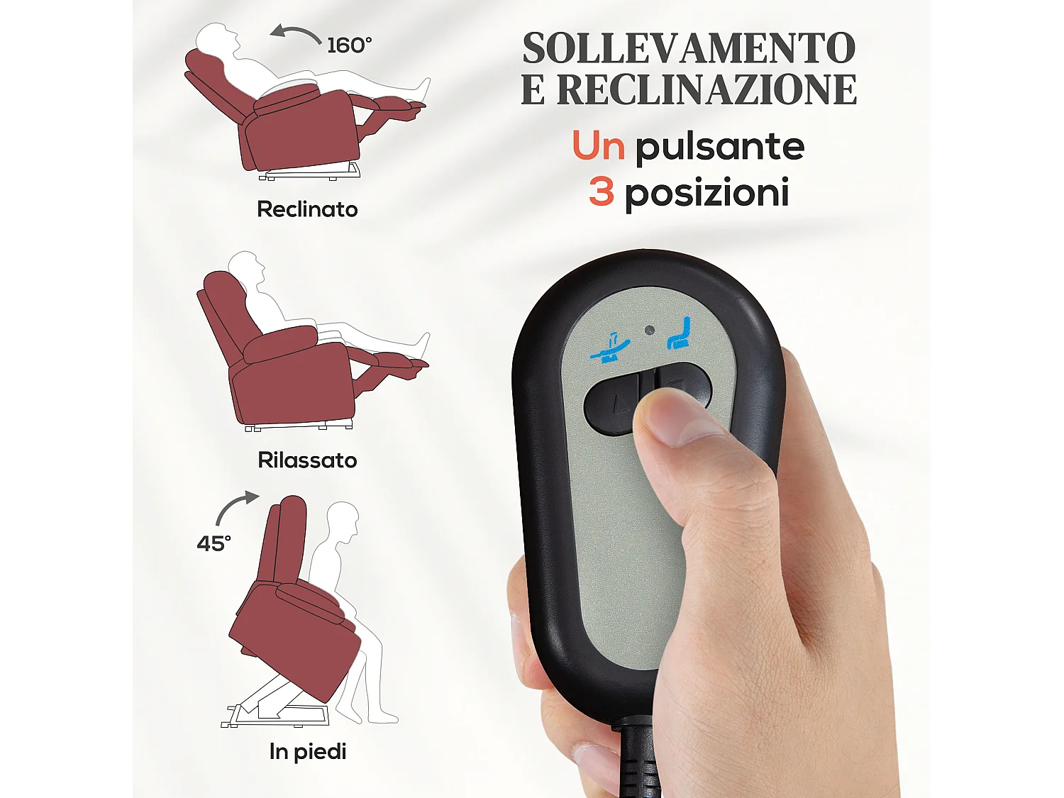 Poltrona alzapersona con poggiapiedi e telecomando rosso