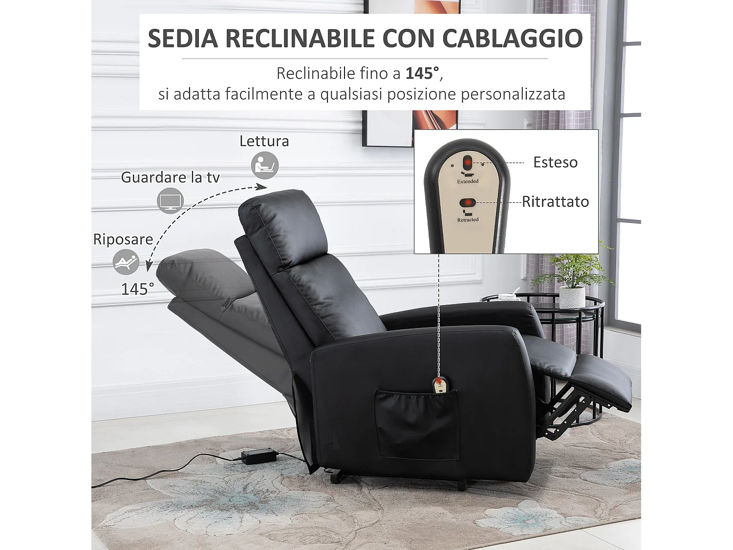 Poltrona alzapersona reclinabile con telecomando in finta pelle