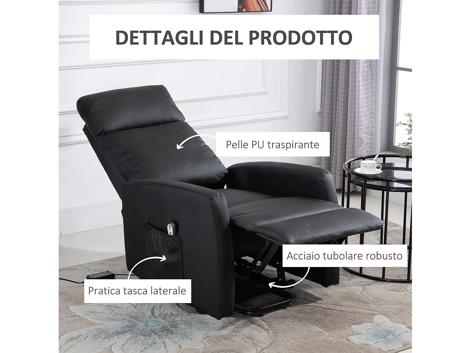 Poltrona alzapersona reclinabile con telecomando in finta pelle