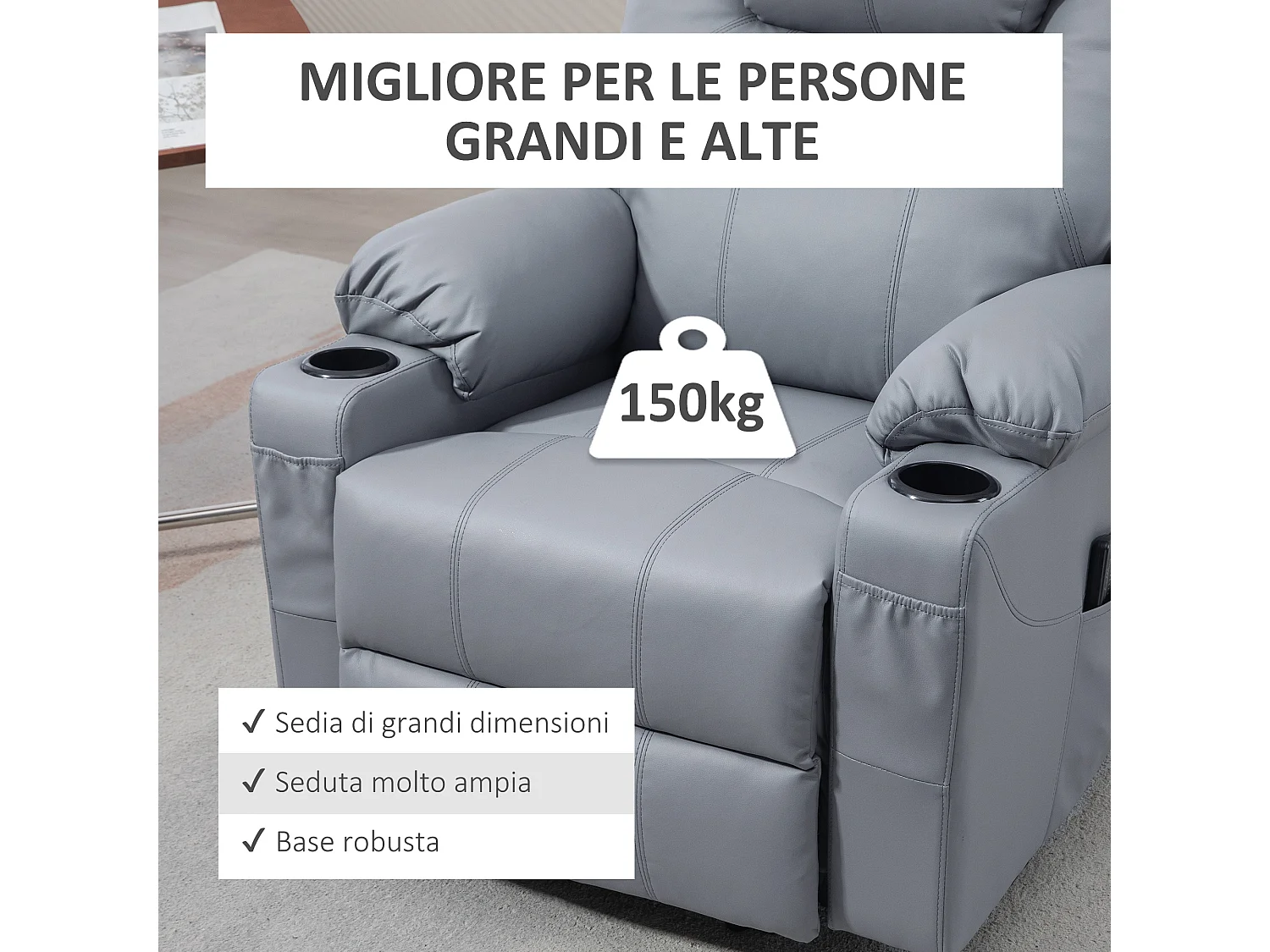 Poltrona reclinabile alzapersona massaggiante con telecomando grigio