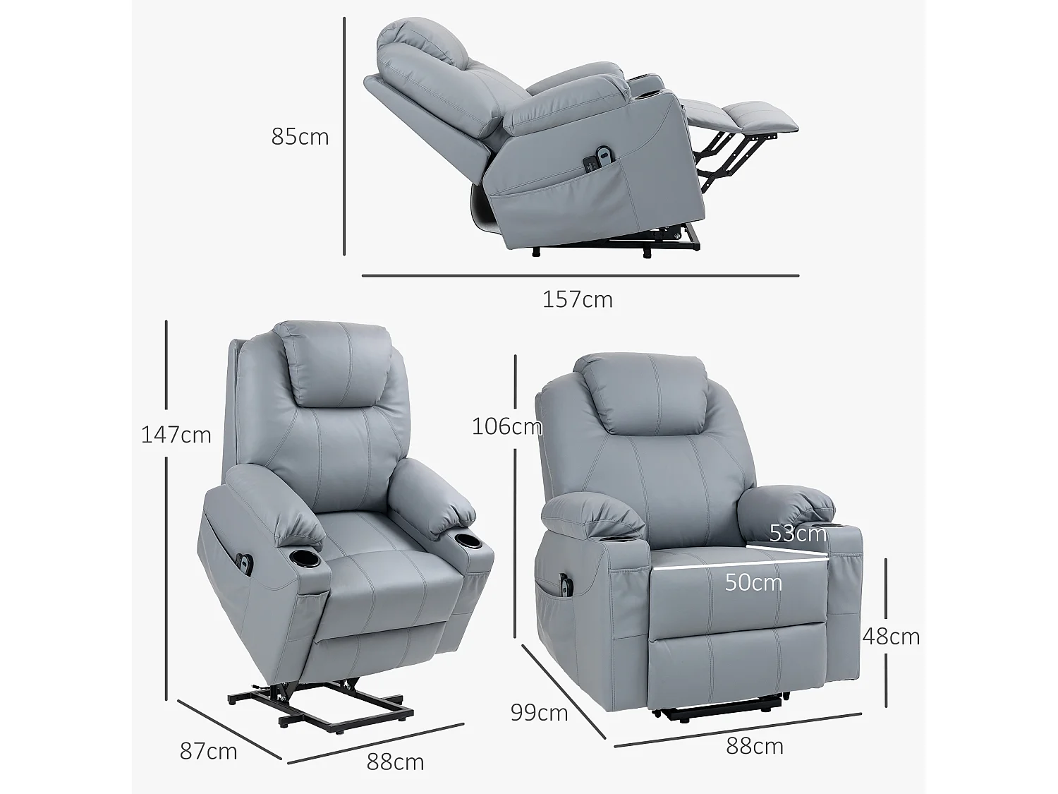 Poltrona reclinabile alzapersona massaggiante con telecomando grigio
