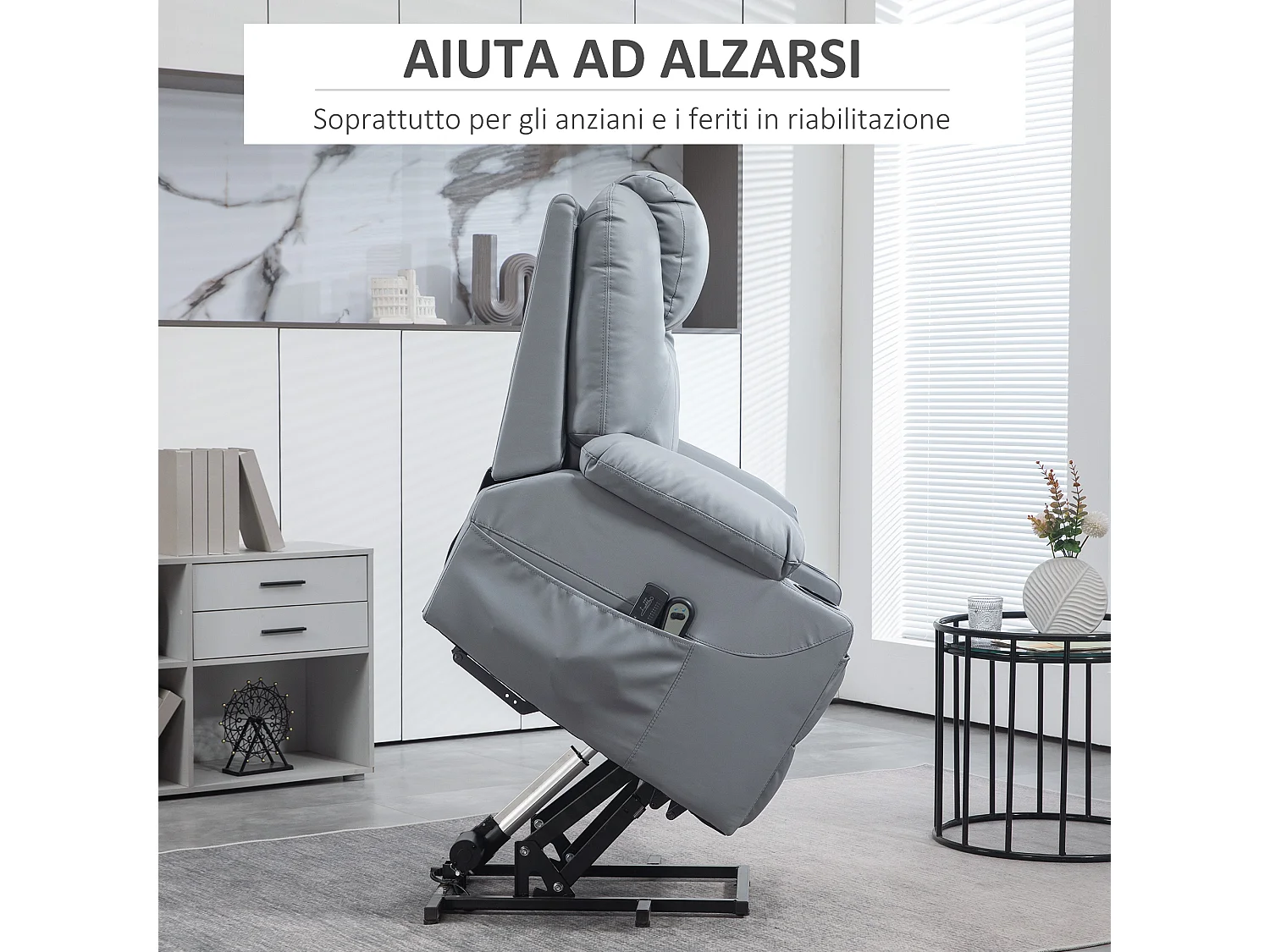 Poltrona reclinabile alzapersona massaggiante con telecomando grigio