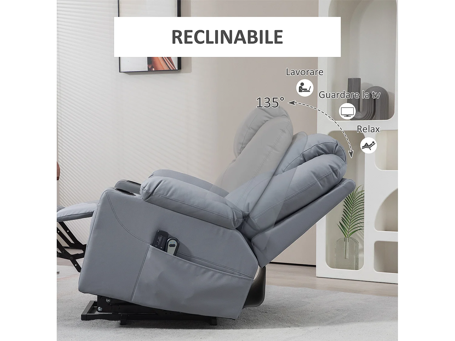 Poltrona reclinabile alzapersona massaggiante con telecomando grigio