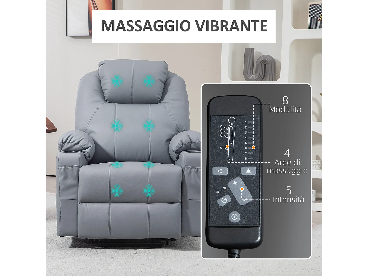Poltrona reclinabile alzapersona massaggiante con telecomando grigio