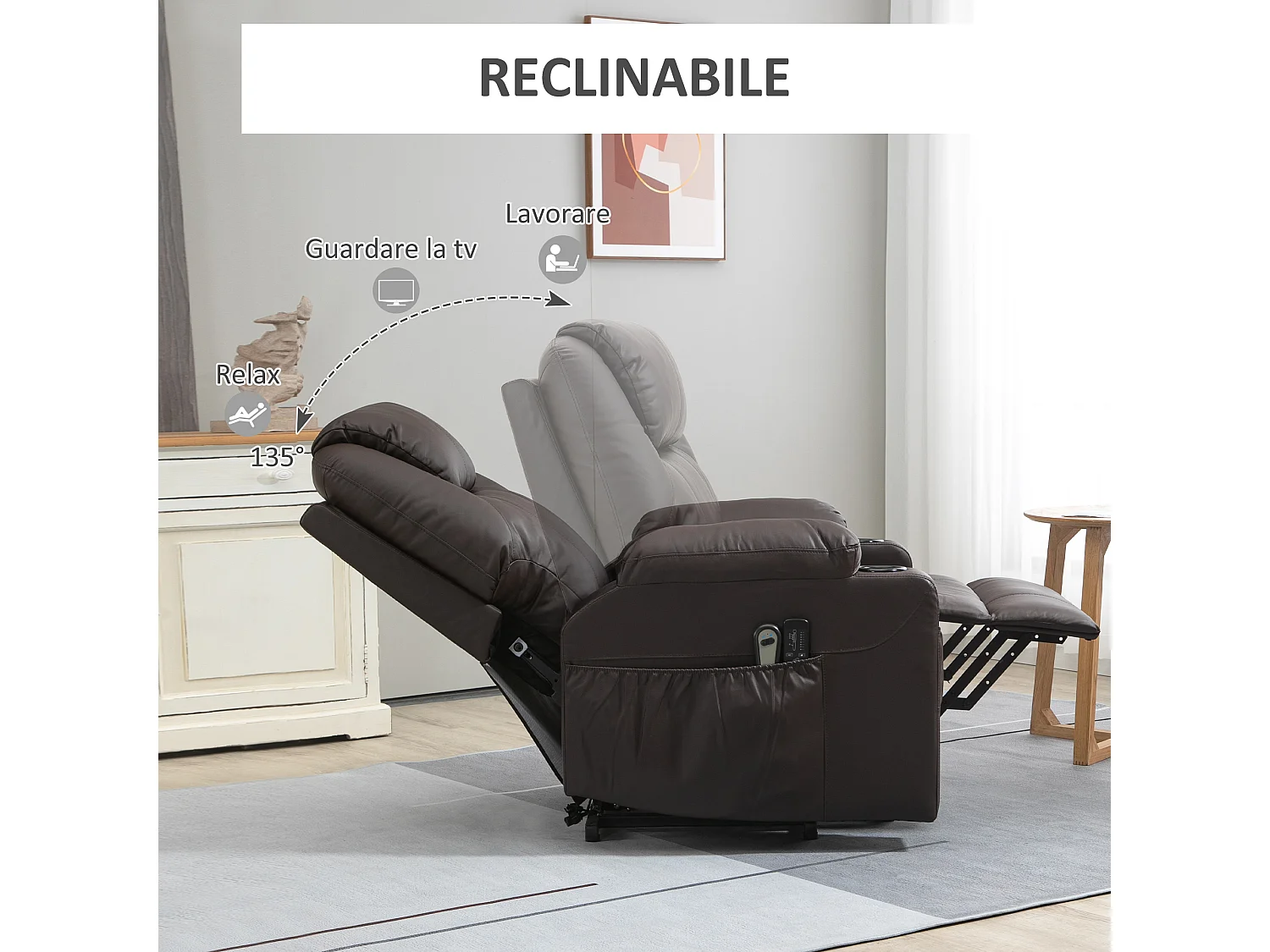 Poltrona reclinabile alzapersona con telecomando portabicchieri