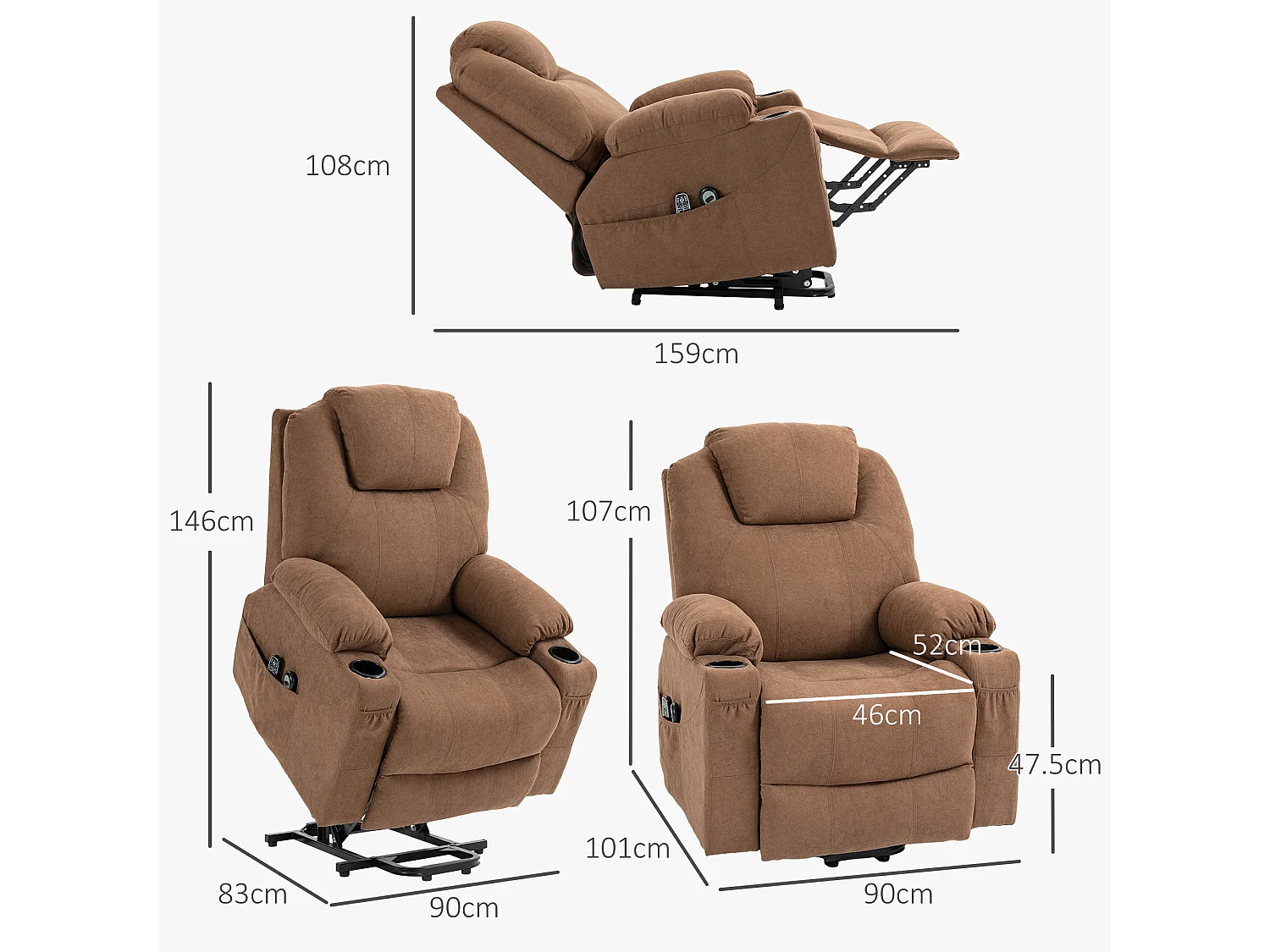 Poltrona alzapersona reclinabile a 8 Punti massaggianti color caffè