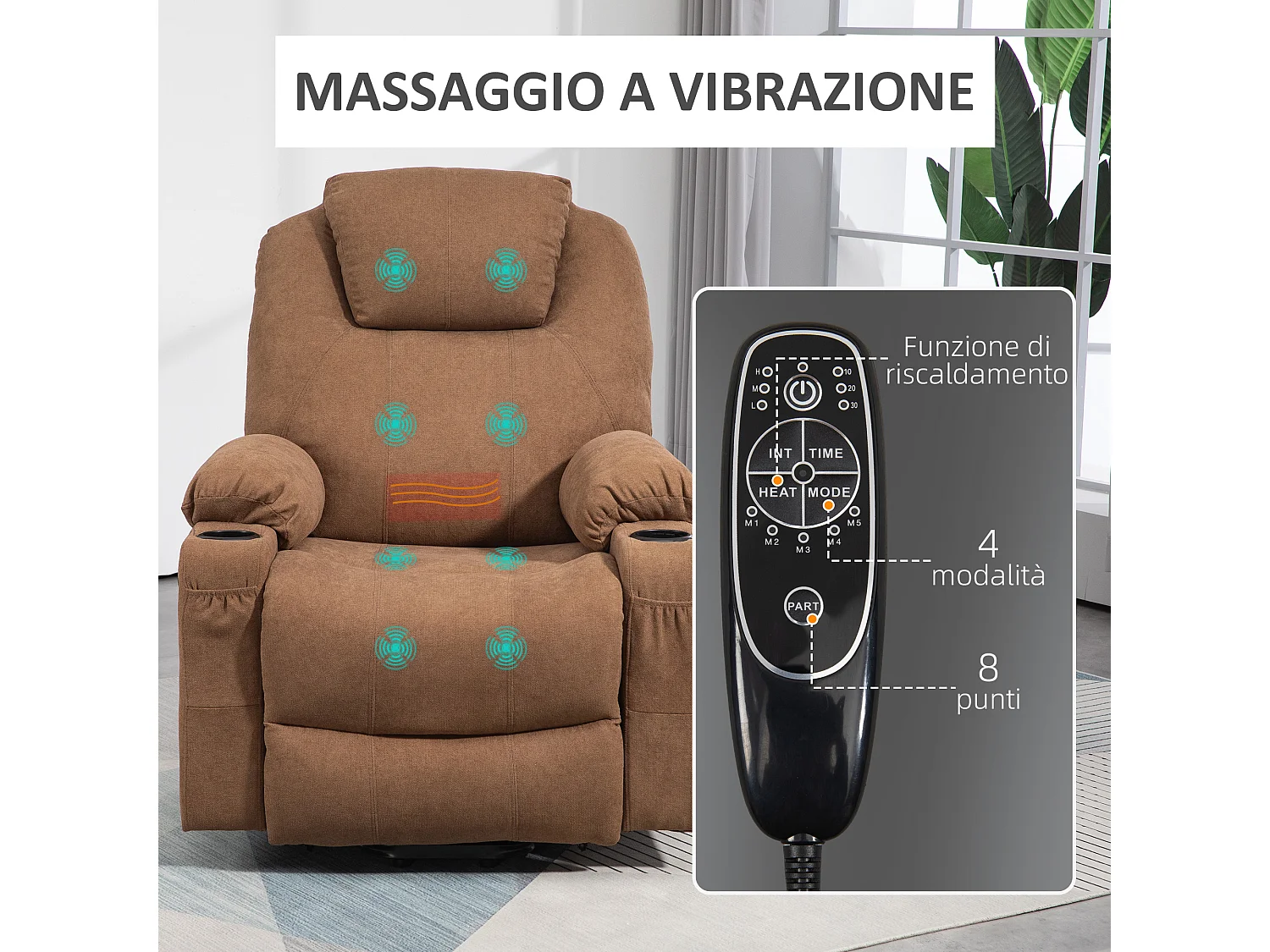 Poltrona alzapersona reclinabile a 8 Punti massaggianti color caffè