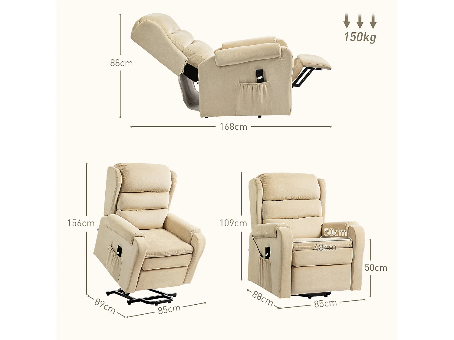 Poltrona alzapersona reclinabile a 160° con poggiapiedi bianco crema