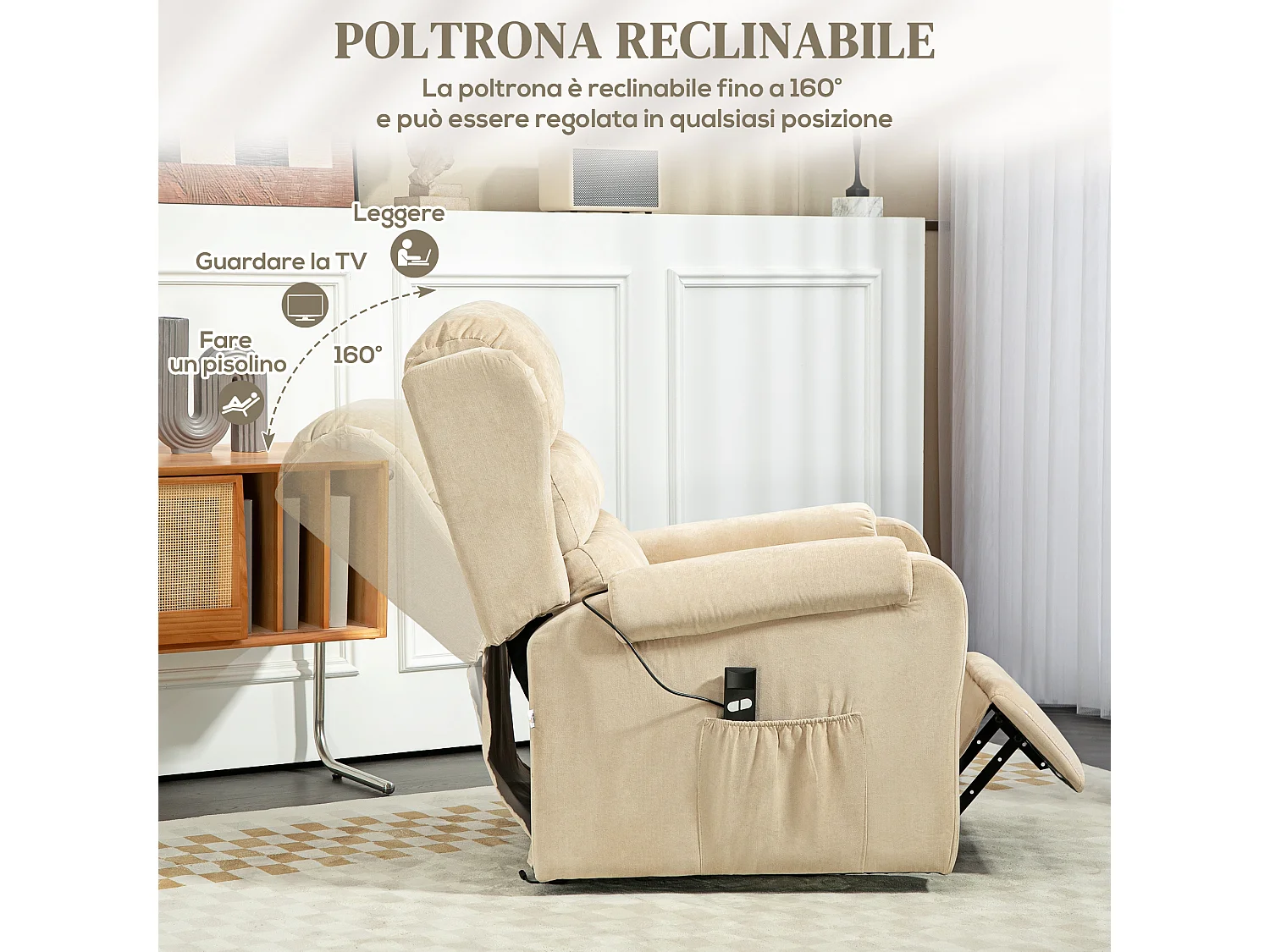 Poltrona alzapersona reclinabile a 160° con poggiapiedi bianco crema