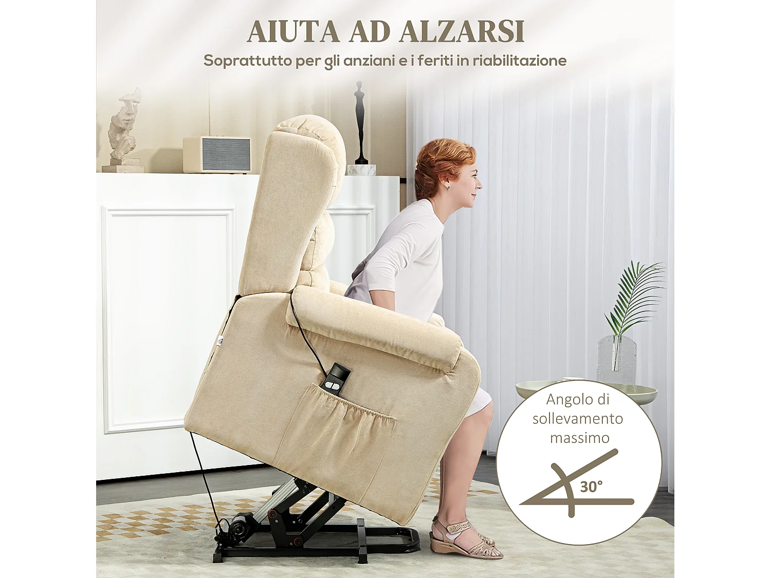 Poltrona alzapersona reclinabile a 160° con poggiapiedi bianco crema