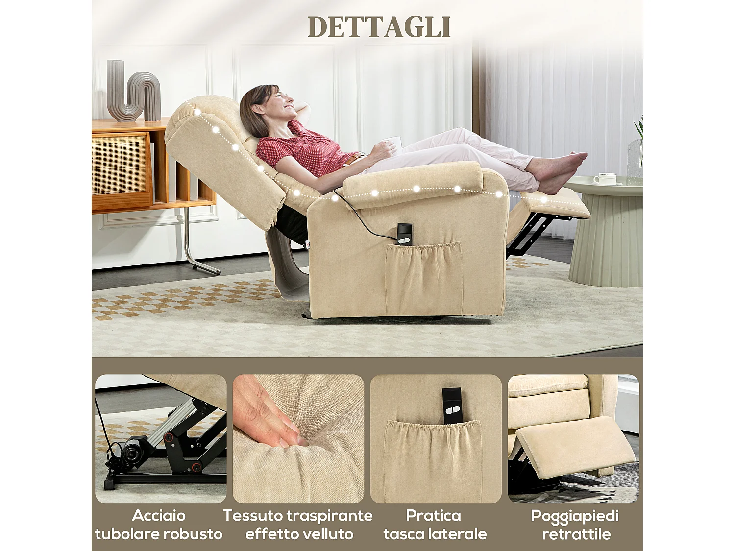 Poltrona alzapersona reclinabile a 160° con poggiapiedi bianco crema