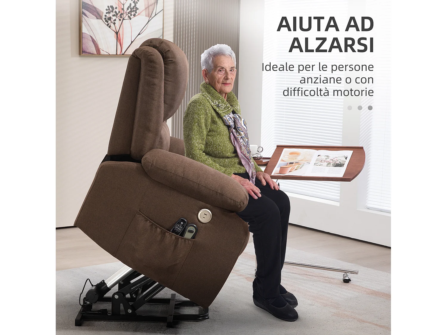 Poltrona alzapersona reclinabile con poggiapiedi color caffè
