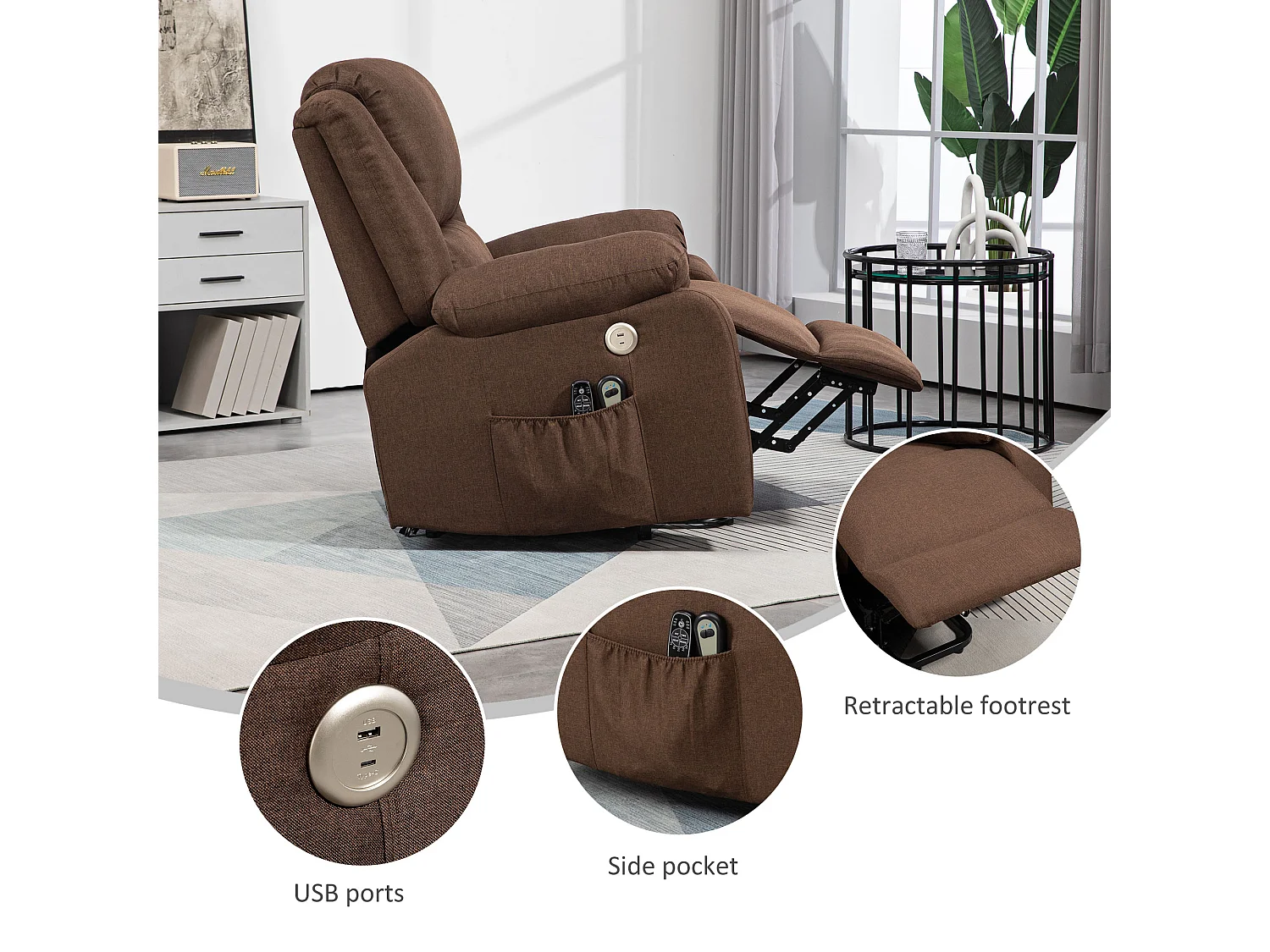 Poltrona alzapersona reclinabile con poggiapiedi color caffè