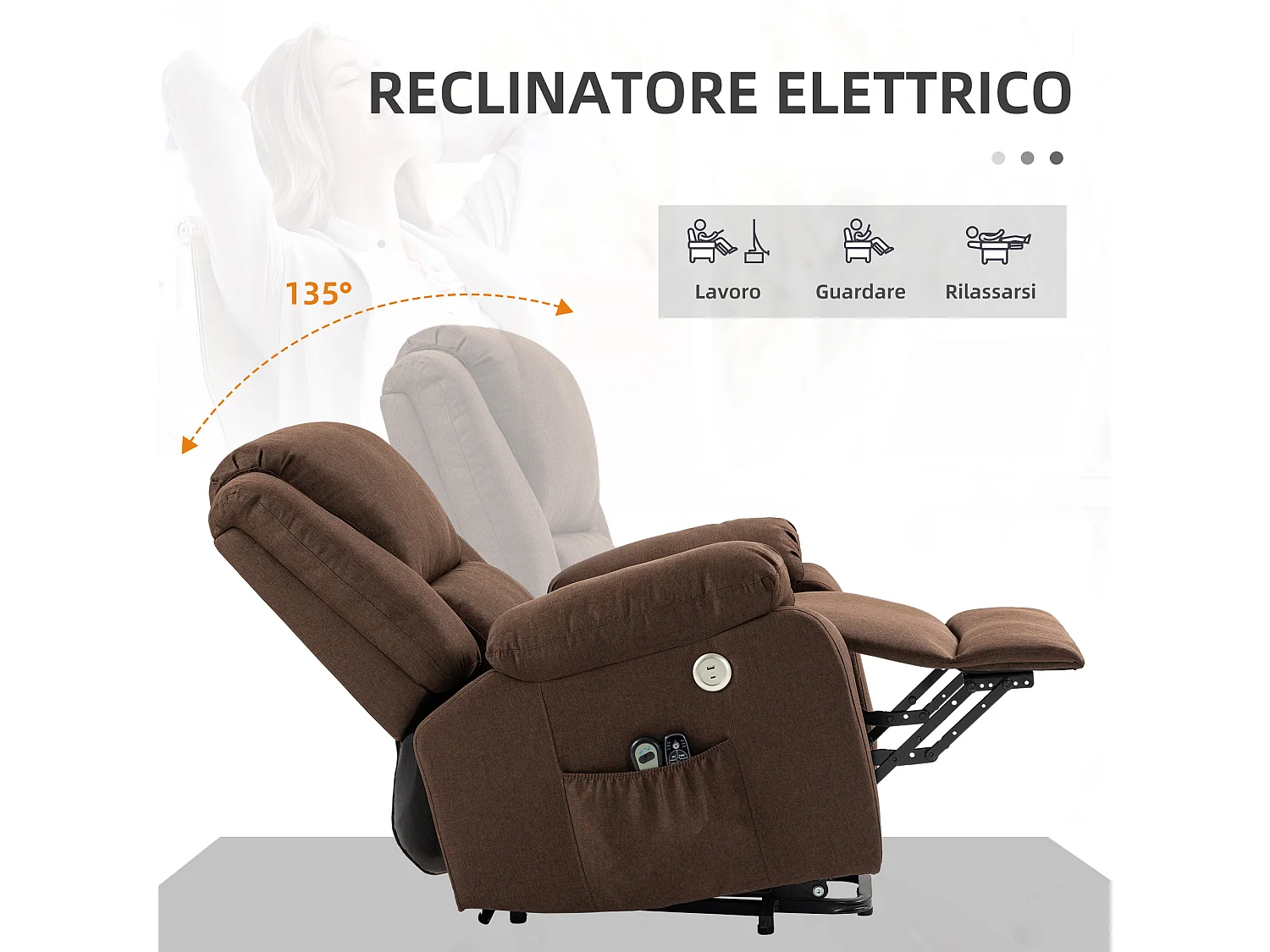 Poltrona alzapersona reclinabile con poggiapiedi color caffè