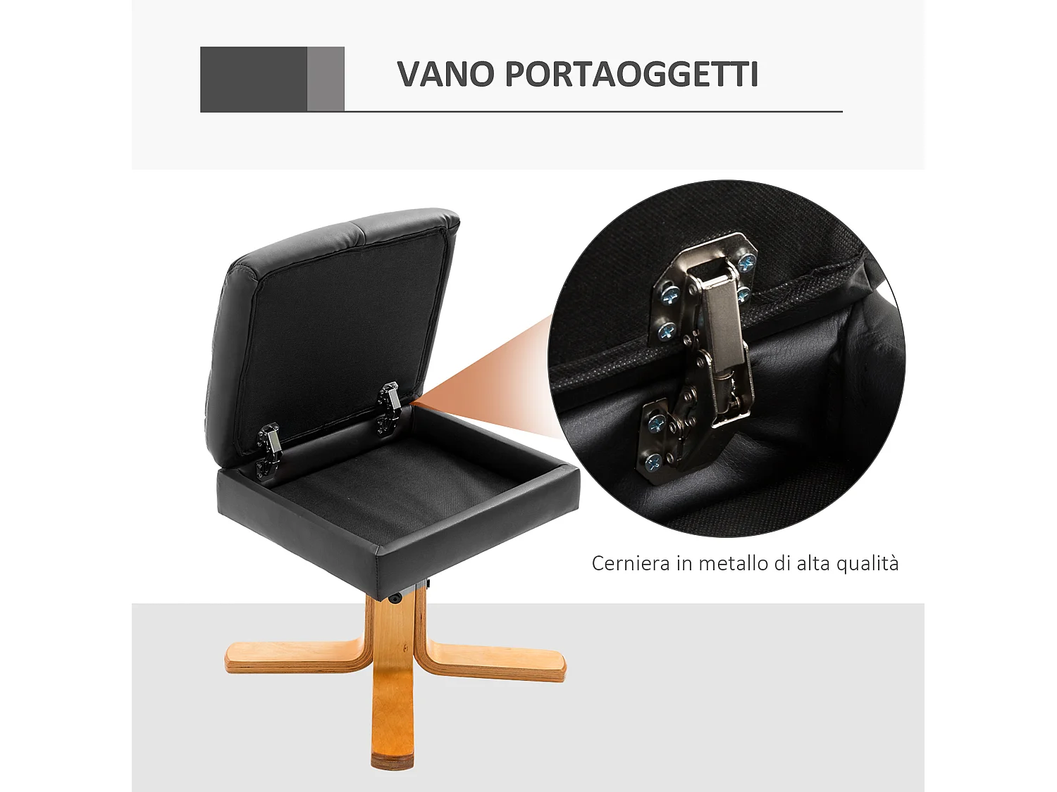 Sedia reclinabile e girevole con poggiapiedi contenitore nero